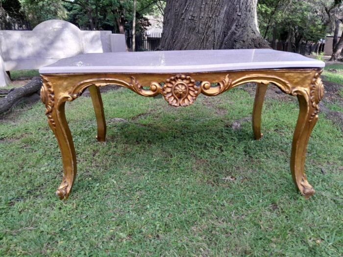 A French Style Ornately Carved Coffee Table with Marble Top