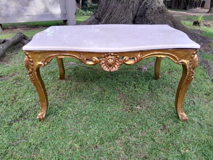 A French Style Ornately Carved Coffee Table with Marble Top - Image 2