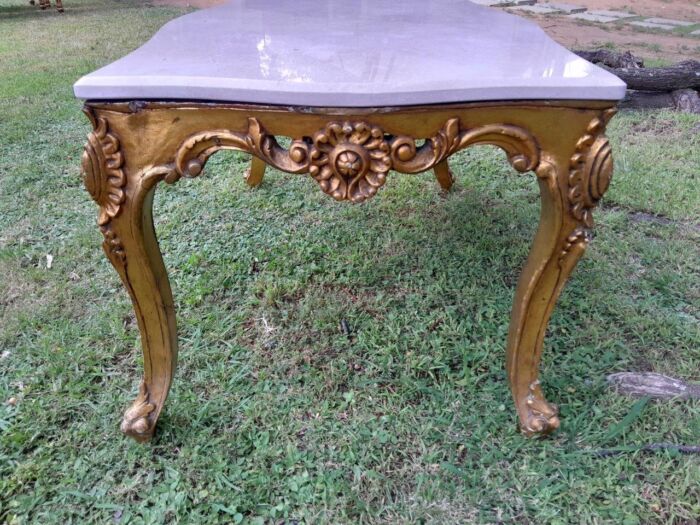 A French Style Ornately Carved Coffee Table with Marble Top - Image 4