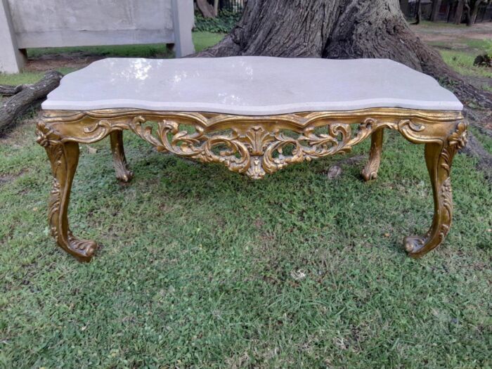 A French Style Ornately Carved Coffee Table with Marble Top - Image 2