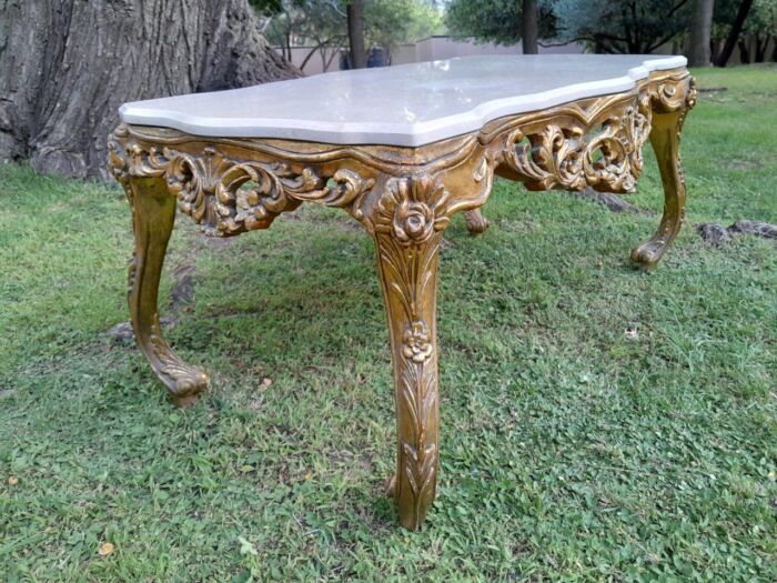 A French Style Ornately Carved Coffee Table with Marble Top - Image 4