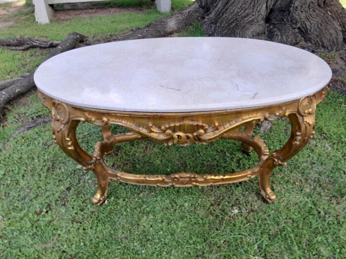 A French Style Oval Ornately Carved Coffee Table with Marble Top - Image 3