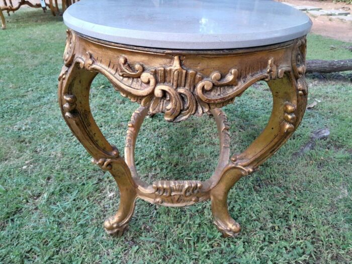 A French Style Oval Ornately Carved Coffee Table with Marble Top - Image 4