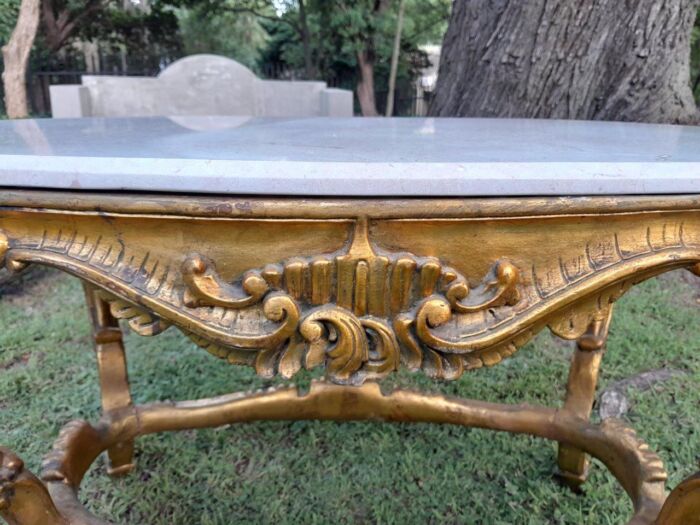 A French Style Oval Ornately Carved Coffee Table with Marble Top - Image 6