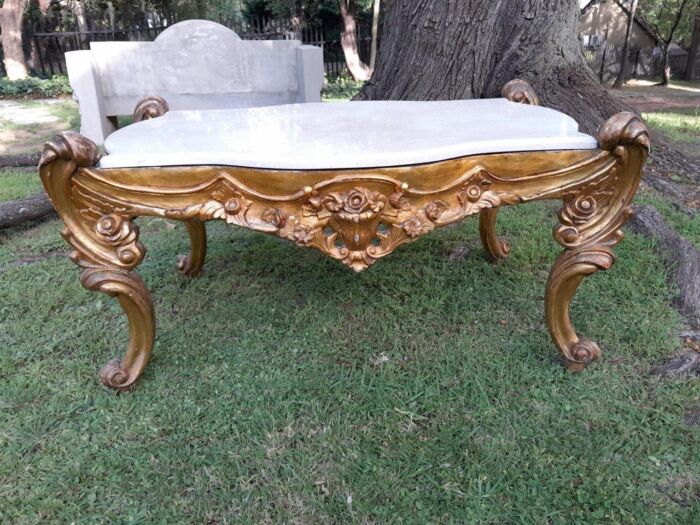 A French Style Ornately Carved Coffee Table with Marble Top - Image 2