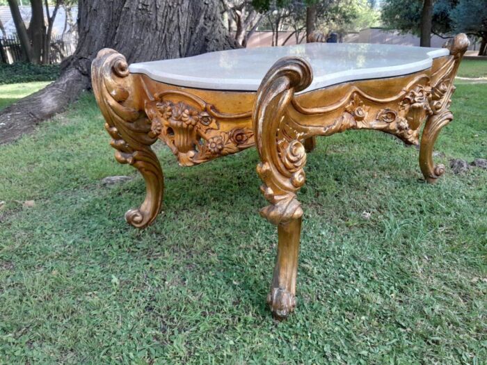 A French Style Ornately Carved Coffee Table with Marble Top - Image 3