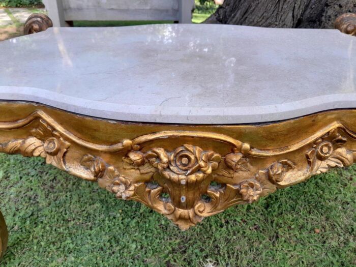 A French Style Ornately Carved Coffee Table with Marble Top - Image 6