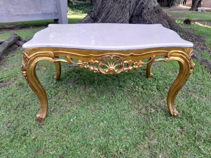 A French Style Ornately Carved Coffee Table with Marble Top - Image 2