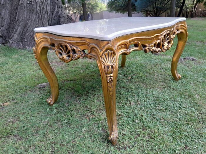 A French Style Ornately Carved Coffee Table with Marble Top - Image 3