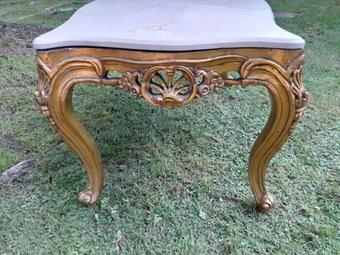 A French Style Ornately Carved Coffee Table with Marble Top - Image 4