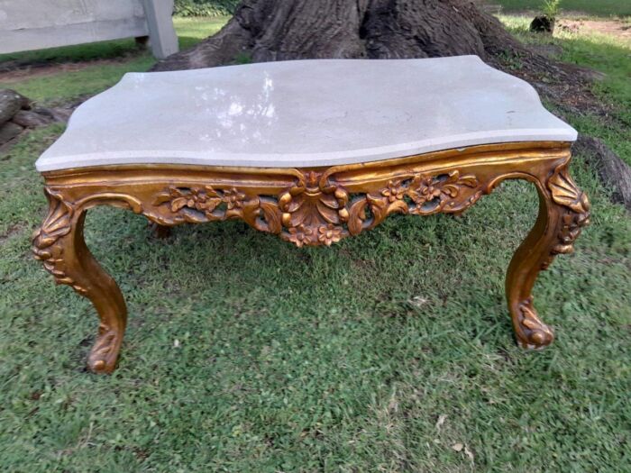 A French Style Ornately Carved Coffee Table with Marble Top - Image 2