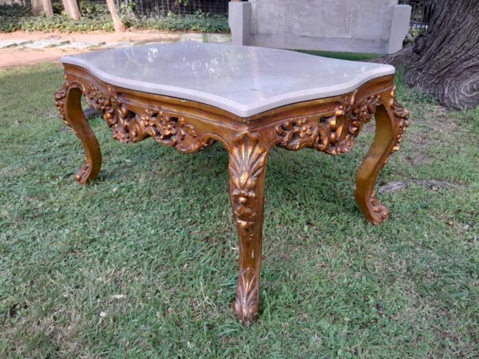 A French Style Ornately Carved Coffee Table with Marble Top - Image 3