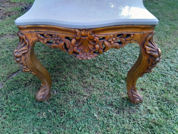 A French Style Ornately Carved Coffee Table with Marble Top - Image 4