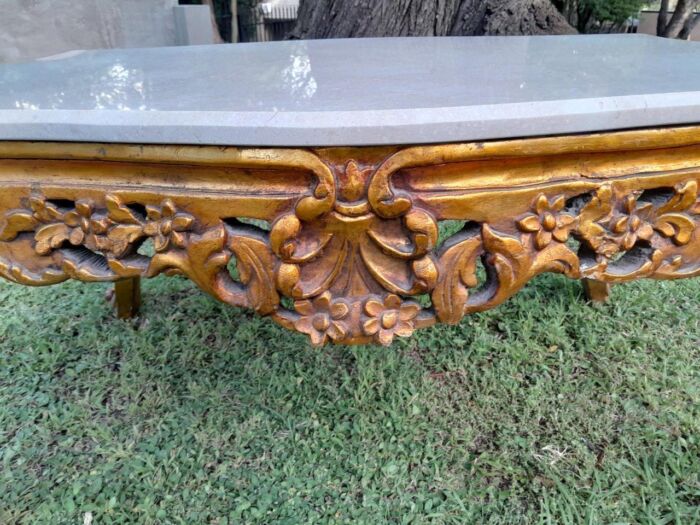 A French Style Ornately Carved Coffee Table with Marble Top - Image 5