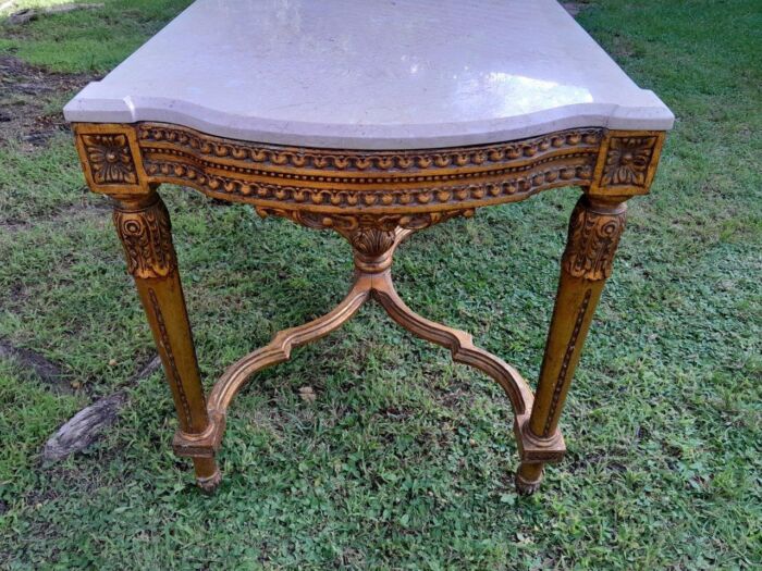 A French Style Ornately Carved Coffee Table with Marble Top - Image 4