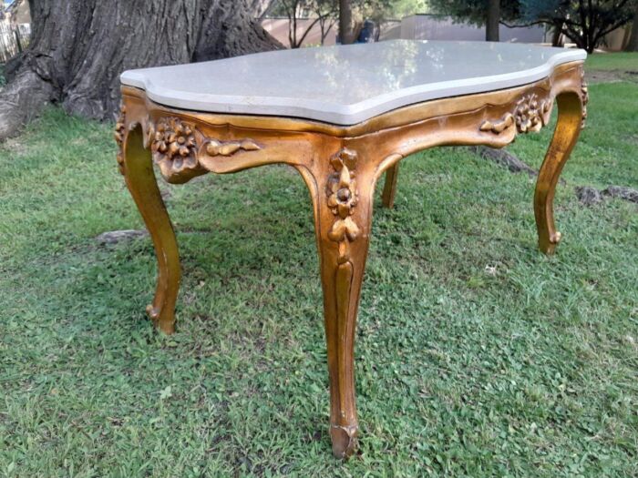 A French Style Ornately Carved Coffee Table with Marble Top - Image 3