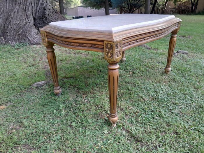 A French Style Ornately Carved Coffee Table with Marble Top - Image 3