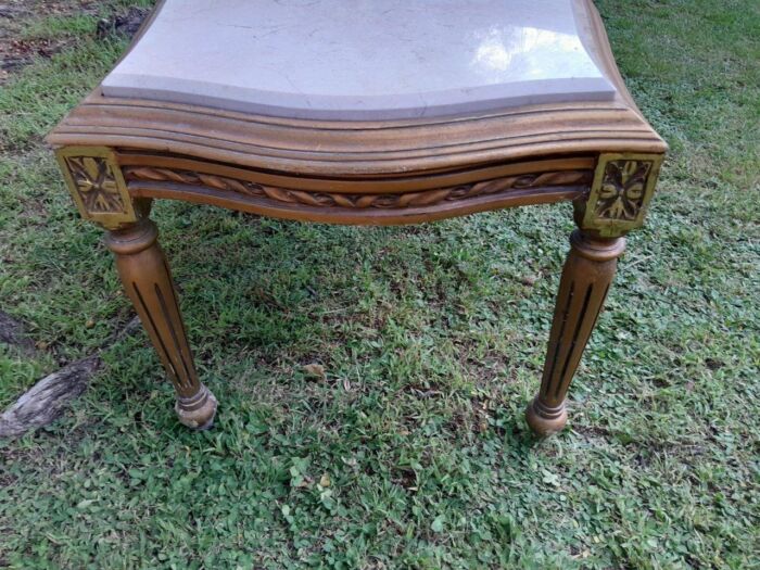 A French Style Ornately Carved Coffee Table with Marble Top - Image 4