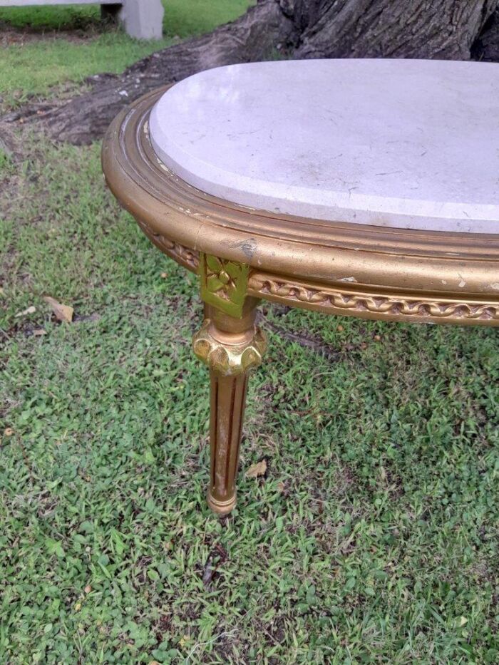 A French Style Ornately Carved Oval Coffee Table with Marble Top - Image 5