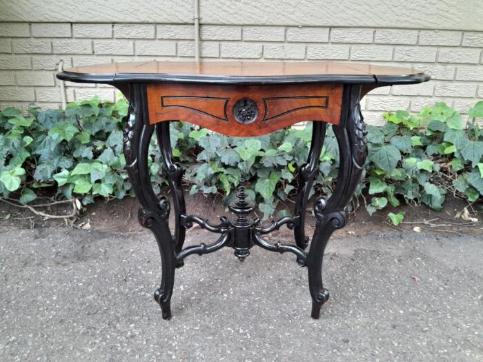 An Antique Victorian Burr Walnut and Ebonised Drop Side Table and Fitted Interior