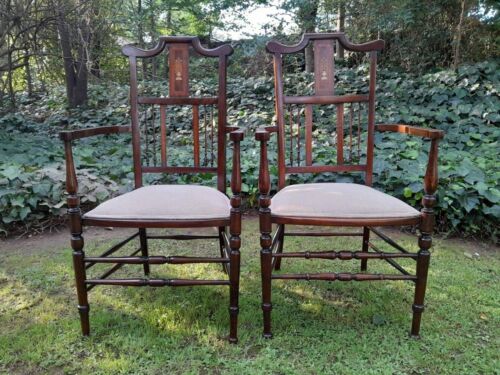 An Antique Edwardian Pair of Mahogany and Inlaid Armchairs