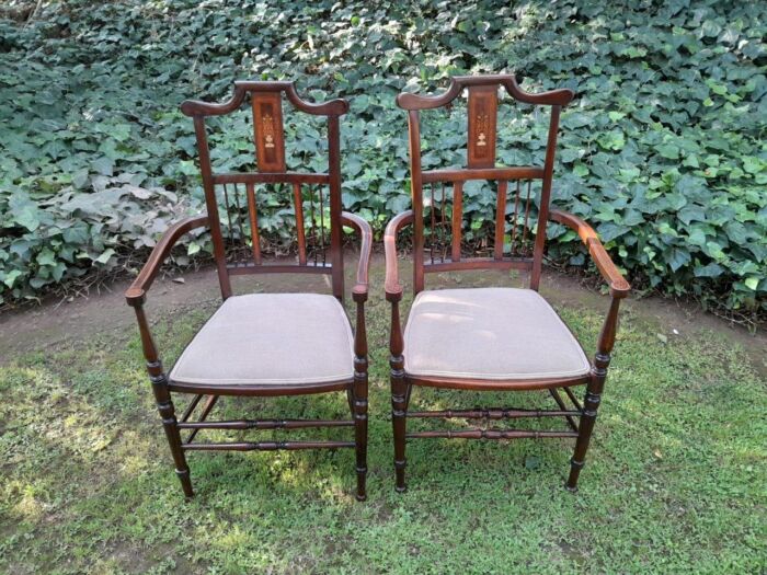 An Antique Edwardian Pair of Mahogany and Inlaid Armchairs - Image 2