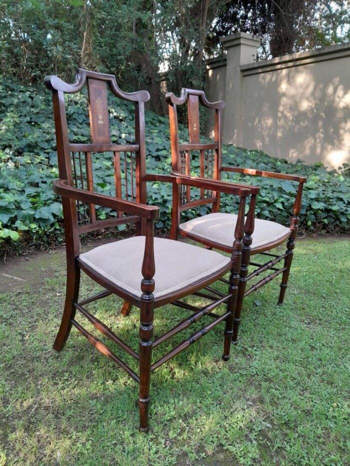 An Antique Edwardian Pair of Mahogany and Inlaid Armchairs - Image 3