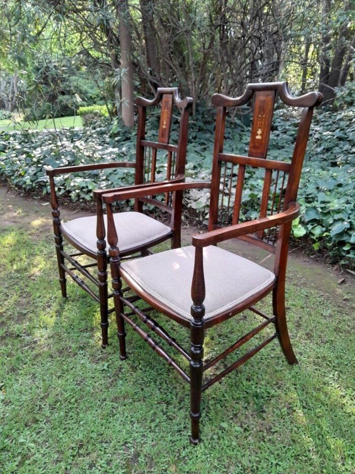 An Antique Edwardian Pair of Mahogany and Inlaid Armchairs - Image 4