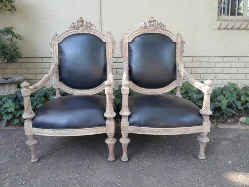 A 20TH Century French Style Pair of Carved Oak Armchairs in a Contemporary Bleached Finish and Upholstered In Leather