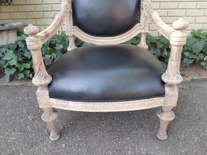 A 20TH Century French Style Pair of Carved Oak Armchairs in a Contemporary Bleached Finish and Upholstered In Leather - Image 6