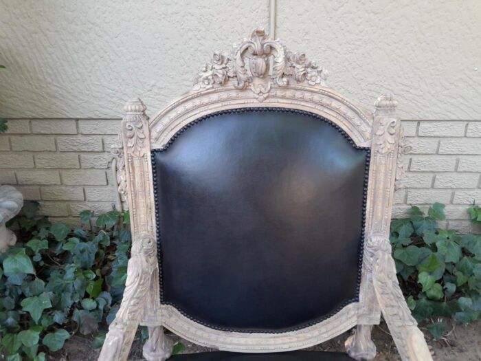 A 20TH Century French Style Pair of Carved Oak Armchairs in a Contemporary Bleached Finish and Upholstered In Leather - Image 7