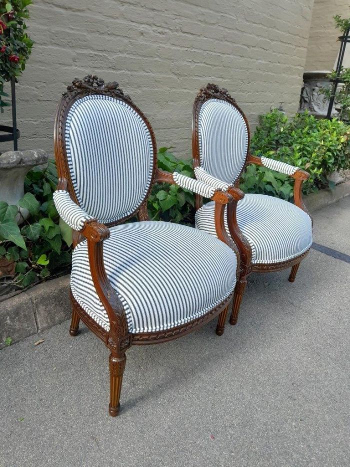 A 20th Century French Pair Of Gilded Mahogany Arm Chairs Upholstered In A Ticking Fabric  - Image 3