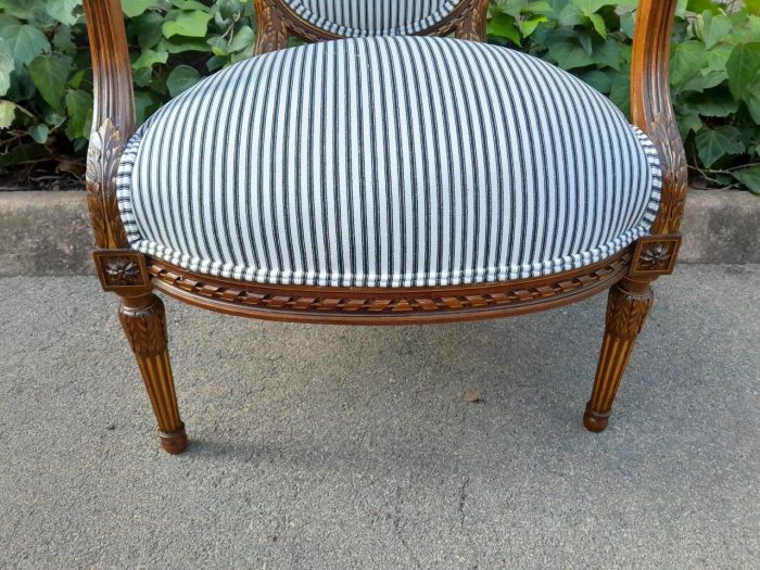 A 20th Century French Pair Of Gilded Mahogany Arm Chairs Upholstered In A Ticking Fabric  - Image 6