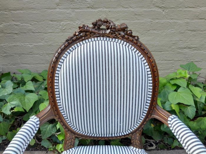 A 20th Century French Pair Of Gilded Mahogany Arm Chairs Upholstered In A Ticking Fabric  - Image 7