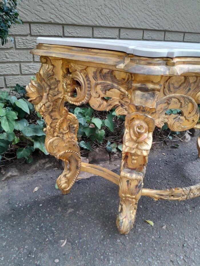 A 20th Century Heavily Carved and Hand Gilded with Gold Leaf Console Table with Cream Marble Top - Image 5