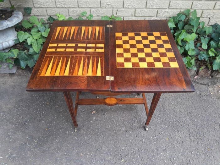 An Antique Edwardian Rosewood And Inlaid Chess / Games Table on Castors - Image 4