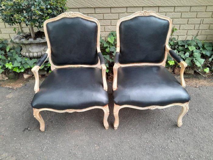 A 20th Century French Style Pair of Fruitwood Armchairs in a Contemporary Wood Finish and Upholstered in Leather - Image 2