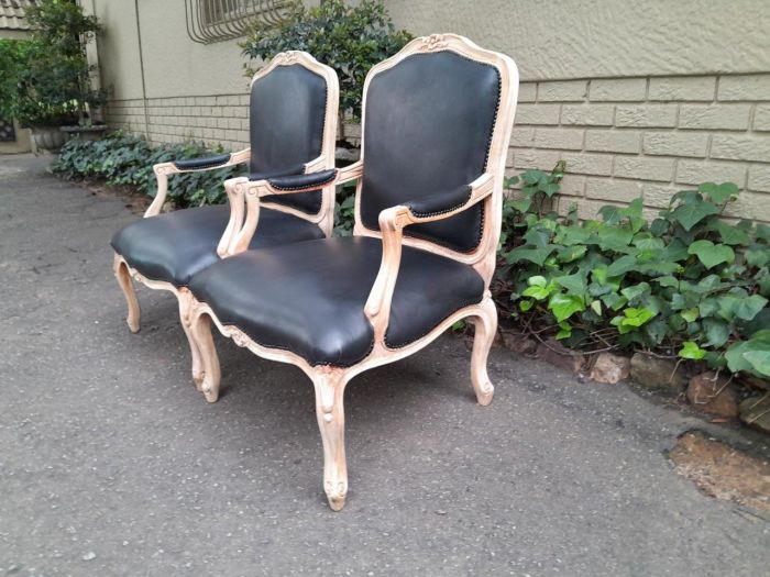 A 20th Century French Style Pair of Fruitwood Armchairs in a Contemporary Wood Finish and Upholstered in Leather - Image 3