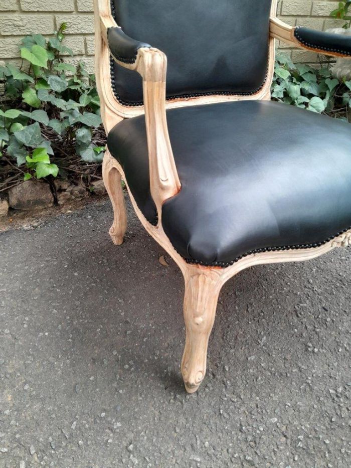 A 20th Century French Style Pair of Fruitwood Armchairs in a Contemporary Wood Finish and Upholstered in Leather - Image 6