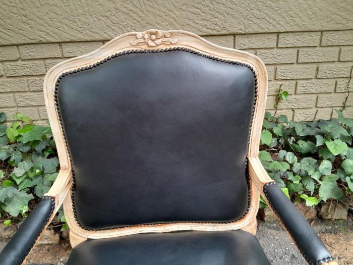 A 20th Century French Style Pair of Fruitwood Armchairs in a Contemporary Wood Finish and Upholstered in Leather - Image 7