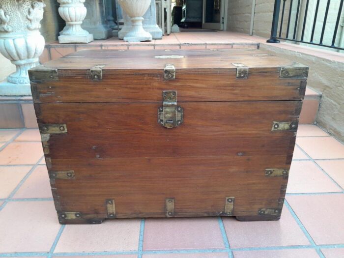 An Antique Circa 1900s Teak Military Style Indian Chest with Brass