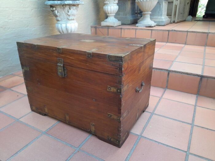 An Antique Circa 1900s Teak Military Style Indian Chest with Brass - Image 3