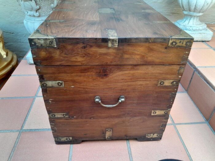 An Antique Circa 1900s Teak Military Style Indian Chest with Brass - Image 6