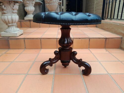 An Antique  19th Century Rosewood Piano Stool Upholstered In Deep Buttoned Leather