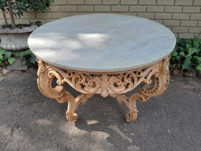 A20th Century Rococo Style Heavily Carved Teak Table with White Marble Top in a Contemporary Bleached Finish - Image 3