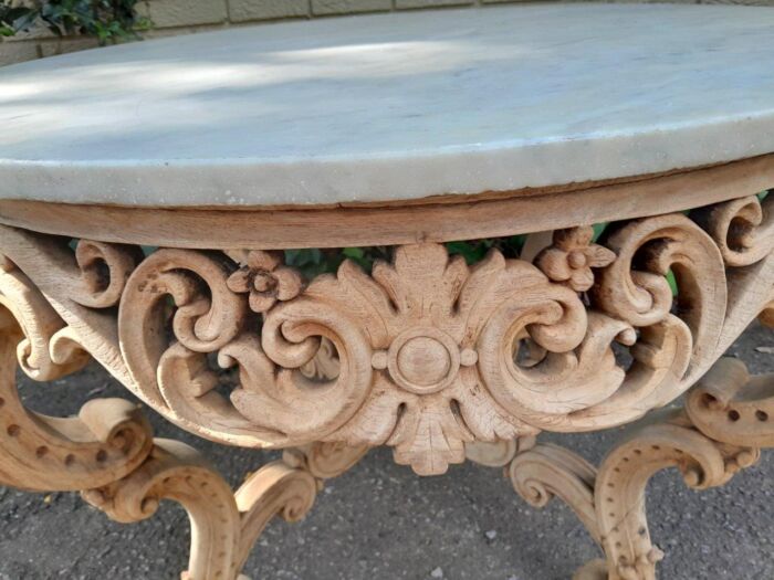 A20th Century Rococo Style Heavily Carved Teak Table with White Marble Top in a Contemporary Bleached Finish - Image 6