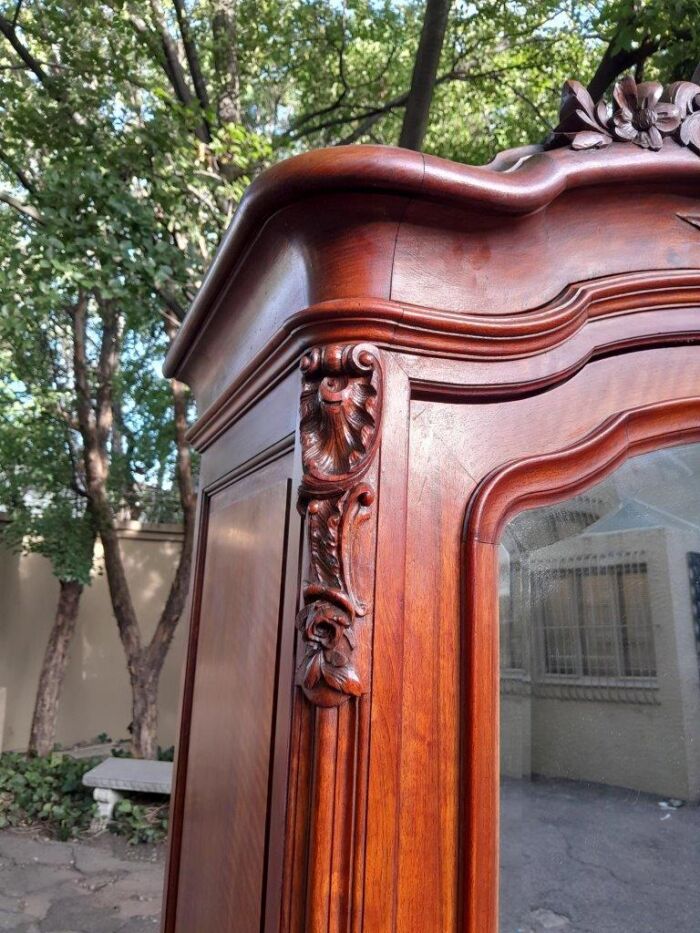 A 20TH Century Circa 1900s French Carved Mahogany Armoire with Bevelled Mirror and Five Shelves - Image 6