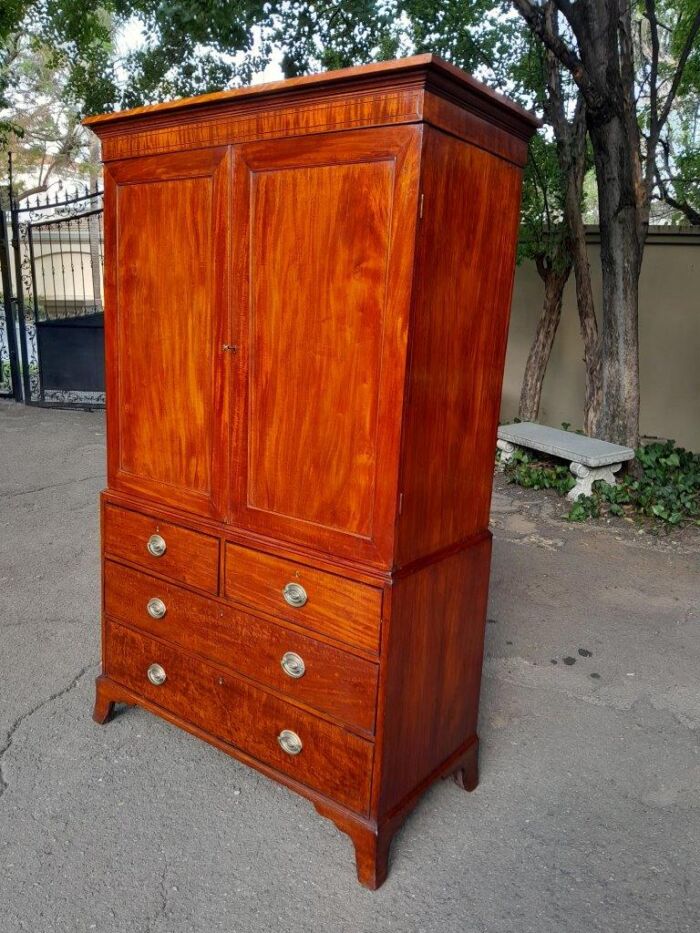 An Antique Circa Victorian Circa 1890s Mahogany Linen Press with Brass Handles  Five Shelves and  Ebony and Walnut Banding with Lock and Key - Image 2