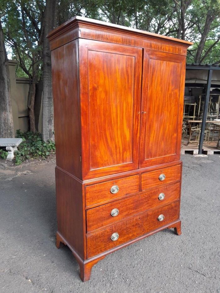 An Antique Circa Victorian Circa 1890s Mahogany Linen Press with Brass Handles  Five Shelves and  Ebony and Walnut Banding with Lock and Key - Image 3