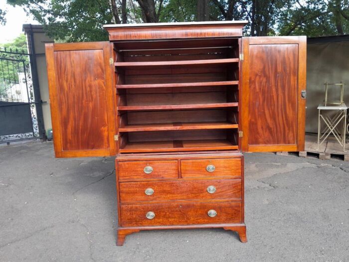 An Antique Circa Victorian Circa 1890s Mahogany Linen Press with Brass Handles  Five Shelves and  Ebony and Walnut Banding with Lock and Key - Image 5